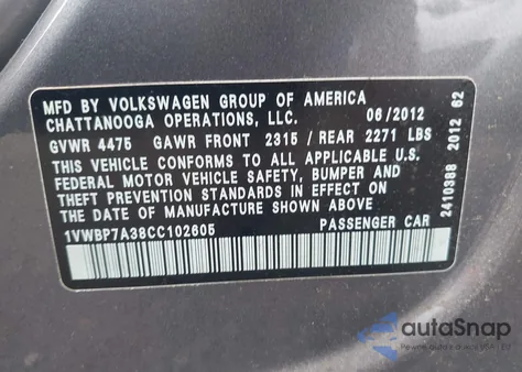 2012 Volkswagen Passat 2.5L Se из США, поврежденный, VIN 1VWBP7A38CC102605